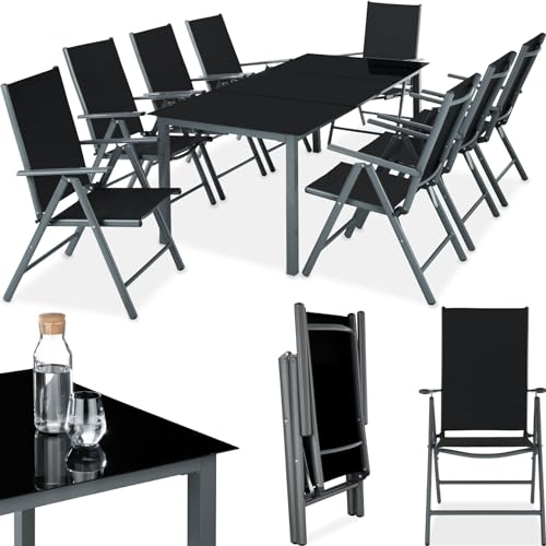 tectake® Aluminium Sitzgruppe 8+1, Gartenmöbel Set mit Stuhl und Tisch, klappbare Gartenstühle, Gartentisch mit Sicherheitsglas, wetterfeste Terrassenmöbel, für Garten Terrasse Balkon - dunkelgrau von tectake