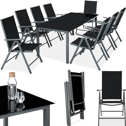 tectake® Aluminium Sitzgruppe 8+1, Gartenmöbel Set mit Stuhl und Tisch, klappbare Gartenstühle, Gartentisch mit Sicherheitsglas, wetterfeste Terrassenmöbel, für Garten Terrasse Balkon - anthrazit von tectake