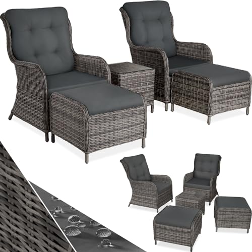 tectake® 2X Premium Rattan Sessel mit Hocker und Tisch, Relaxsessel für Garten, Terrasse und Balkon, Lounge Gartenmöbel Set wetterfest, Gartenstühle, Lesesessel und Sonnenliege - grau-meliert/grau von tectake