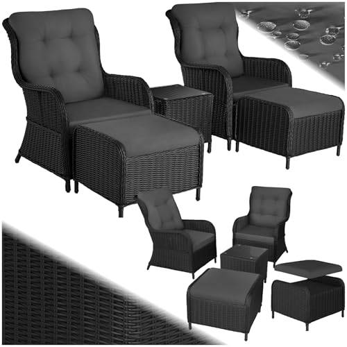 tectake® 2X Premium Rattan Sessel mit Hocker und Tisch, Relaxsessel für Garten, Terrasse und Balkon, Lounge Gartenmöbel Set wetterfest, Gartenstühle, Lesesessel und Sonnenliege - schwarz/grau von tectake