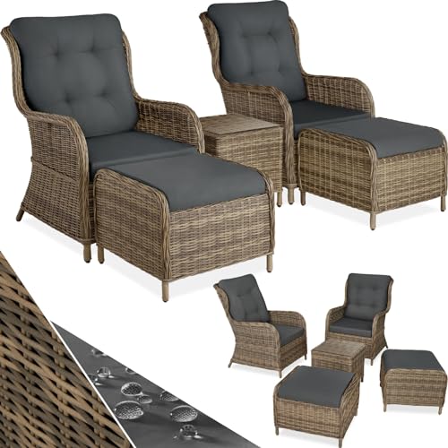 tectake® 2X Premium Rattan Sessel mit Hocker und Tisch, Relaxsessel für Garten, Terrasse und Balkon, Lounge Gartenmöbel Set wetterfest, variabel, Gartenstühle, Lesesessel und Sonnenliege - Natur von tectake