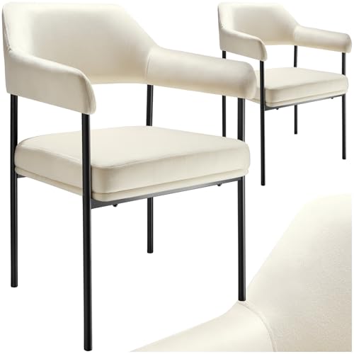 tectake® 2X Samt Stuhl, Küchenstühle modern, 2er Set Stühle mit Armlehne für Esszimmer, Living Room Chairs, Esszimmer und Küche, als Schminkstuhl, Office Chair - Samtoptik Off-White, 2er Set von tectake
