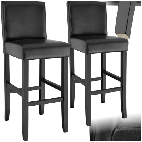 tectake® 2er Set Barhocker, Bistrohocker, Tresenhocker, Barhocker mit Lehne, gepolsterter Barstuhl, Bistrostuhl mit Fußstütze, Holz und Kunstleder, Stuhlbeine aus Massivholz, 107 cm hoch - schwarz von tectake