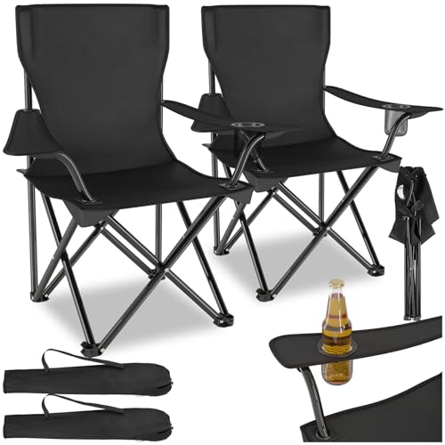 tectake® 2er Set Camping Stühle, Klappstuhl, Angelstuhl faltbar, Stuhl mit Armlehne und Getränkehalter inkl. Tragetasche, bequemer Stuhl für Balkon, Gartenstuhl, Festival Zubehör Camping - schwarz von tectake