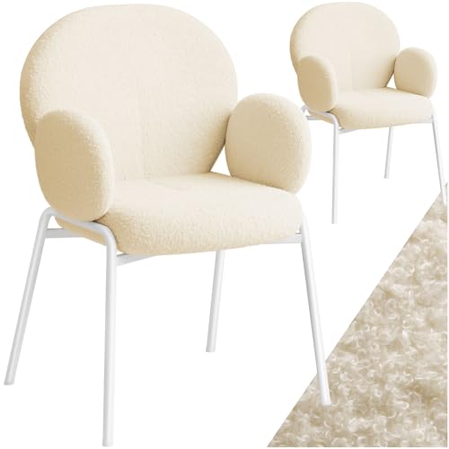 tectake® 2er Set Esszimmer Stuhl mit Armlehne, modernes Küchenmöbel mit Bouclé Teddystoff Bezug, Esszimmerstühle Wohnzimmer Sessel, Dining Chair, Küchenstühle für Esstisch (Creme) von tectake