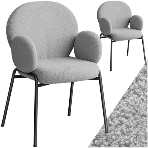 tectake® 2er Set Esszimmer Stuhl mit Armlehne, modernes Küchenmöbel mit Bouclé Teddystoff Bezug, Esszimmerstühle Wohnzimmer Sessel, Dining Chair, Küchenstühle für Esstisch (hellgrau) von tectake