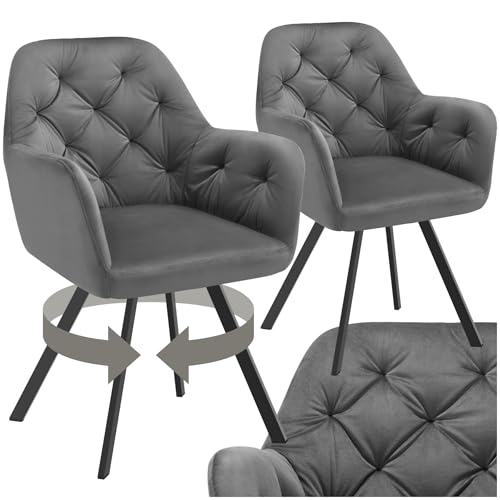 tectake® 2er Set Esszimmerstühle drehbar mit Armlehne, Samtstoff Drehstuhl ergonomisch, Möbel für Wohnzimmer, Stühle für Dining Lounge, Office, als Schminkstuhl oder Schreibtischstuhl - anthrazit von tectake