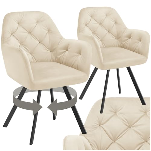 tectake® 2er Set Esszimmerstühle drehbar mit Armlehne, Samtstoff Drehstuhl ergonomisch, Möbel für Wohnzimmer, Stühle für Dining Lounge, Office, als Schminkstuhl oder Schreibtischstuhl - Creme von tectake