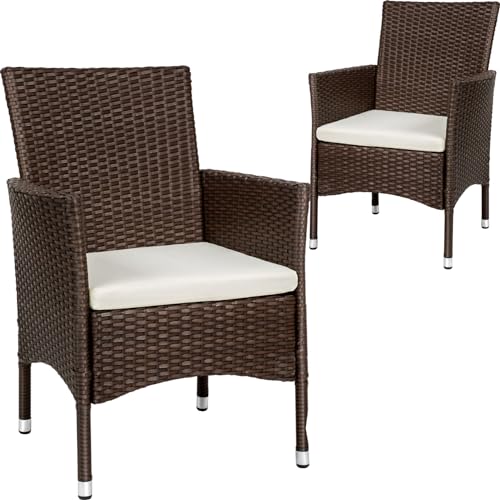 tectake® 2er Set Gartenstuhl aus Polyrattan, Gartenmöbel Set mit 2 Sessel, Outdoor Rattansessel inklusive Sitzpolster und 2 Bezugssets, rostfreie Edelstahlschrauben, pflegeleicht - braun/beige von tectake