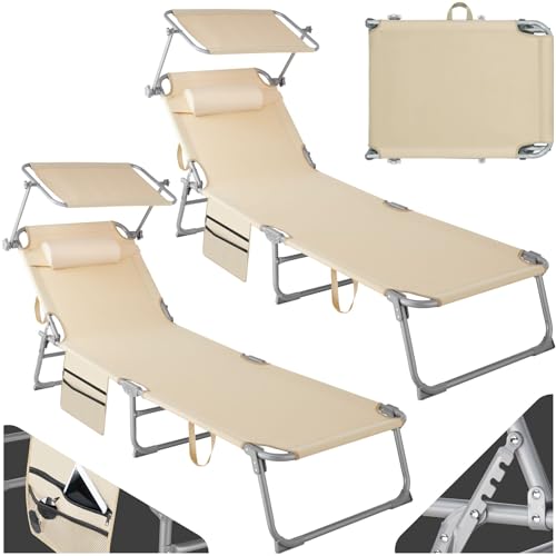 tectake® 2er Set Sonnenliege klappbar und tragbar, Liege mit Seitentasche, Strandliege, Gartenliege mit Dach, Liegestuhl mit Verstellbarer Rückenlehne, Kopfkissen - für Balkon, Terrasse (beige) von tectake