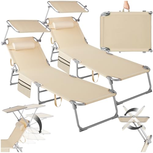 tectake® 2er Set Sonnenliege klappbar und tragbar, Liege mit Seitentasche, Strandliege, Gartenliege mit Dach, Liegestuhl mit Verstellbarer Rückenlehne, Kopfkissen - für Balkon, Terrasse (beige) von tectake