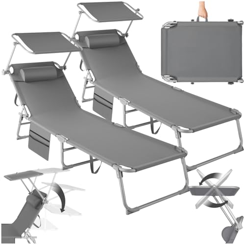 tectake® 2er Set Sonnenliege klappbar und tragbar, Liege mit Seitentasche, Strandliege, Gartenliege mit Dach, Liegestuhl mit Verstellbarer Rückenlehne, Kopfkissen - für Balkon, Terrasse (grau) von tectake