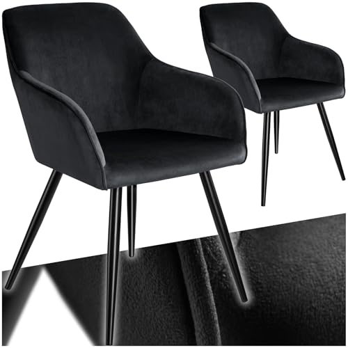 tectake® 2er Set moderner Esszimmer Stuhl, Esszimmerstühle mit Sitzfläche aus Samt, Armlehnstuhl, Sessel Wohnzimmer, gepolsterter Office Chair, Schminktisch Stuhl, gemütlicher Küchenstuhl - schwarz von tectake