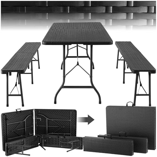 tectake® 3-teiliges Gartenmöbel Set, klappbarer Campingtisch mit 2X Bierbank, Balkonmöbel, Garten oder Terrassentisch Set, Bierzeltgarnitur, mit Tragegriffen, 180cm lang (schwarz) von tectake