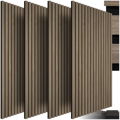 tectake® 3D Akustikpaneele, Holz Optik Paneele, Wandpaneele in Holzoptik als Schallabsorber, Panels für Wohnzimmer, Küche, Wand Deko, Wandverkleidung und Schallschutz - Eiche dunkel, 4er Set von tectake