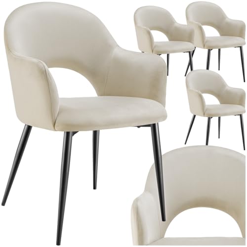 tectake® 4er Set Armlehnstuhl in Samtoptik, gepolsterte Esszimmerstühle, bis 120 kg belastbar, Stühle Esszimmer mit komfortabler Polsterung, Küchenstuhl, Esszimmerstuhl mit Stahlbeinen - Creme von tectake