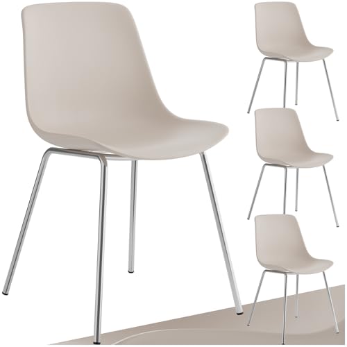 tectake® 4er Set Esszimmerstühle, modernes Design, Kunststoff Stühle mit schlanken Stahlbeinen, ergonomische Küchenstühle mit rutschfesten Kappen, bequemer Bürostuhl, leichte Reinigung - Taupe/Chrom von tectake