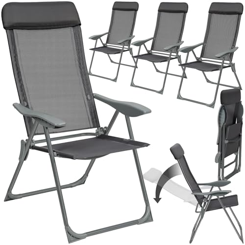 tectake® 4er Set Gartenstuhl Hochlehner, Gartenstühle, Essstühle Aluminium, Klappstuhl 5-Fach verstellbar mit Armlehnen, Sessel mit Liegefunktion, Gartenmöbel, Möbel für Terrasse, Camping - anthrazit von tectake
