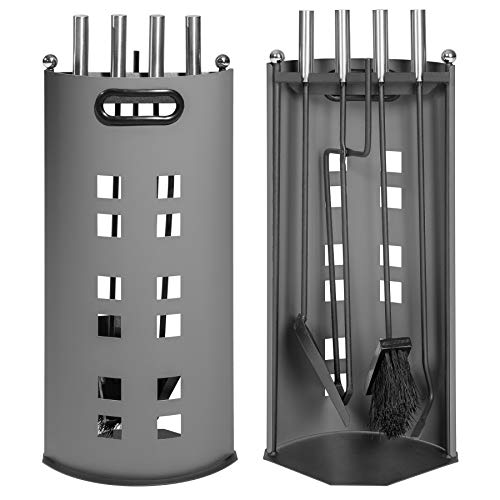 tectake® 5-teiliges Ofenbesteck Kaminbesteck Edelstahl modern, Besteck Set für Kamin, Kachelofen, Outdoor Ofen, Kaminofen Holzofen, Kaminzubehör Kehrset mit Feuerzange, Schaufel und Besen, Feuerhaken von tectake