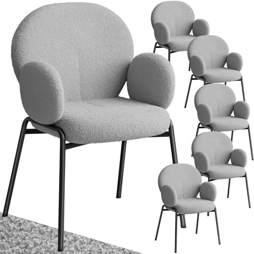 tectake® 6er Set Esszimmer Stuhl mit Armlehne, modernes Küchenmöbel mit Bouclé Teddystoff Bezug, Esszimmerstühle Wohnzimmer Sessel, Dining Chair, Küchenstühle für Esstisch (hellgrau) von tectake