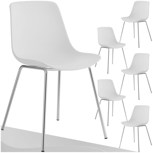 tectake® 6er Set Esszimmerstühle, modernes Design, Kunststoff Stühle mit schlanken Stahlbeinen, ergonomische Küchenstühle mit rutschfesten Kappen, bequemer Bürostuhl, leichte Reinigung - weiß/Chrom von tectake