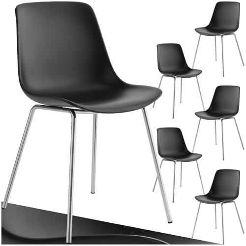 tectake® 6er Set Esszimmerstühle, modernes Design, Kunststoff Stühle mit schlanken Stahlbeinen, ergonomische Küchenstühle mit rutschfesten Kappen, bequemer Bürostuhl, leichte Reinigung - schwarz/chrom von tectake