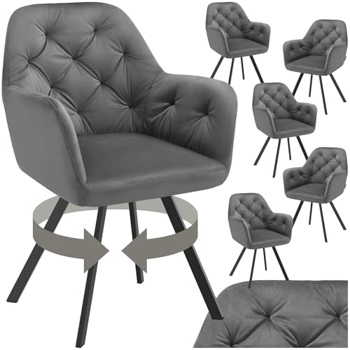 tectake® 6er Set Esszimmerstühle drehbar mit Armlehne, Samtstoff Drehstuhl ergonomisch, Möbel für Wohnzimmer, Stühle für Dining Lounge, Office, als Schminkstuhl oder Schreibtischstuhl - anthrazit von tectake