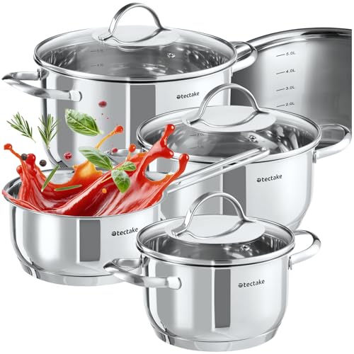 tectake® 7-tlg. Topfset, Edelstahl Kochgeschirr, Töpfe Set mit Deckel, Kochtopf Set für Induktionskochfeld, Gas- und Elektroherd geeignet, Küchensets, Topfsets für Wohnung oder Camping Geschirr von tectake