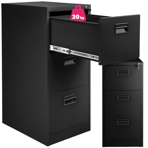 tectake® Aktenschrank mit 3 Schubladen & Hängeregistratur, abschließbar, Metallschrank mit 2 Schlüssel, Teleskopschienen, Mehrzweckschrank mit Vollauszug, Büroschrank f. Hängemappen in DIN 4 - schwarz von tectake