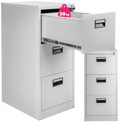tectake® Aktenschrank mit 3 Schubladen & Hängeregistratur, abschließbar, Metallschrank mit 2 Schlüssel, Teleskopschienen, Mehrzweckschrank mit Vollauszug, Büroschrank f. Hängemappen in DIN 4 - grau von tectake