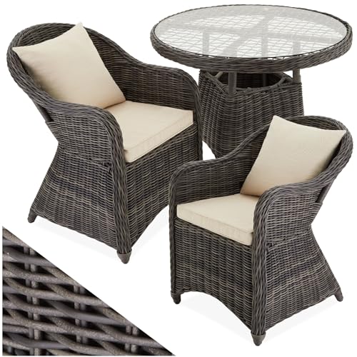 tectake® Alu Polyrattan Sitzgruppe für 2 Personen, Gartenmöbel Set mit Tisch und 2 Sessel, wetterfest, Lounge Möbel für Garten Terrasse Balkon, 3-teilige Rattan Gartenlounge inkl. Sitzpolster - grau von tectake