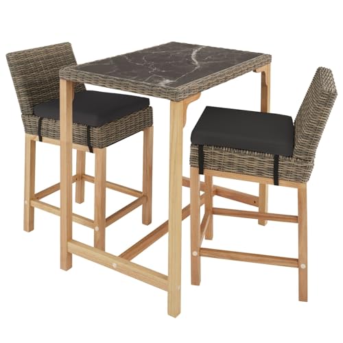 tectake® Alu Rattan Bartisch mit Barhocker, 3-teiliges Gartenbar Set für Terrasse und Balkon, UV-beständiges Polyrattan, Tisch mit Feinsteinzeug Platte, wetterfeste Gartenmöbel - Natur von tectake