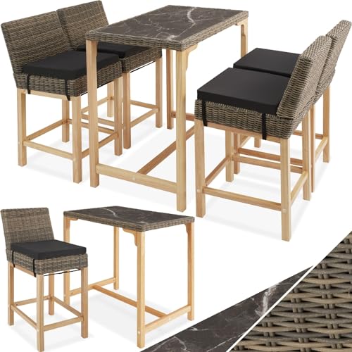 tectake® Alu Rattan Bartisch mit Barhocker, 5-teiliges Gartenbar Set für Terrasse und Balkon, UV-beständiges Polyrattan, Tisch mit Feinsteinzeug Platte, wetterfeste Gartenmöbel - Natur von tectake