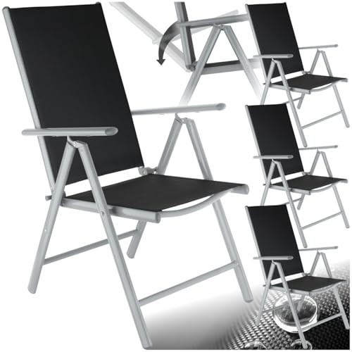 tectake® Aluminium Gartenstuhl 4er Set, Klappstuhl mit 7-Fach Verstellbarer Rückenlehne, Hochlehner mit Armlehnen, Gartenmöbel Set mit 4 Stühlen, für Garten Balkon Terrasse Camping, Silber von tectake