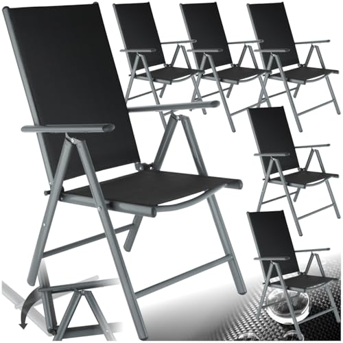 tectake® Aluminium Gartenstuhl 6er Set, Klappstuhl mit 7-facher Neigungsverstellung und hoher Rückenlehne, Gartenmöbel Set mit 6 Stühlen, klappbar, ideal für Garten, Terrasse und Balkon - anthrazit von tectake