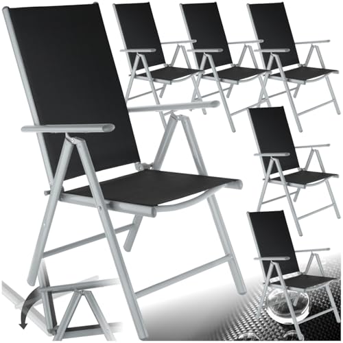 tectake® Aluminium Gartenstuhl 6er Set, Klappstuhl mit 7-facher Neigungsverstellung und hoher Rückenlehne, Gartenmöbel Set mit 6 Stühlen, klappbar, ideal für Garten, Terrasse und Balkon - Silber von tectake