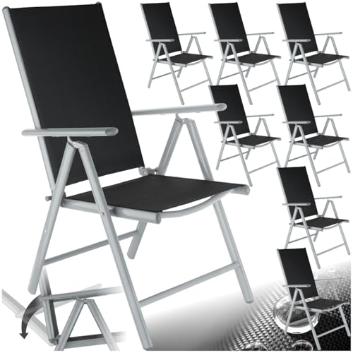 tectake® Aluminium Gartenstuhl 8er Set, Klappstuhl mit 7-Fach Verstellbarer Rückenlehne, wetterfest, Camping Stuhl mit Armlehnen, für Garten Terrasse Balkon, Gartenmöbel Set mit 8 Stühlen - Silber von tectake