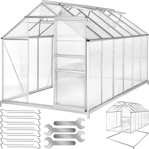 tectake® Aluminium Gewächshaus, 375x185x195 cm, Treibhaus, Tomatenhaus, Frühbeet, Pflanzenhaus, UV beständig, 4 mm Platte, Schiebetür & Dachfenster, Schütz vor Kälte, Regen und Frost - mit Fundament von tectake