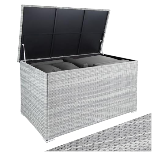 tectake® Aluminium Polyrattan Aufbewahrungsbox mit Deckel, 750L, Gartenkiste wetterfest, Gartenbox mit Gasdruckfedern, Garten Auflagenbox, UV-beständig, rostfrei, Stauraum, 145x82,5x79,5 cm - hellgrau von tectake