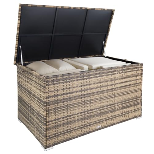 tectake® Aluminium Polyrattan Aufbewahrungsbox mit Deckel, 750L, Gartenkiste wetterfest, Gartenbox mit Gasdruckfedern, Garten Auflagenbox, UV-beständig, rostfrei, Stauraum, 145x82,5x79,5 cm - natur von tectake