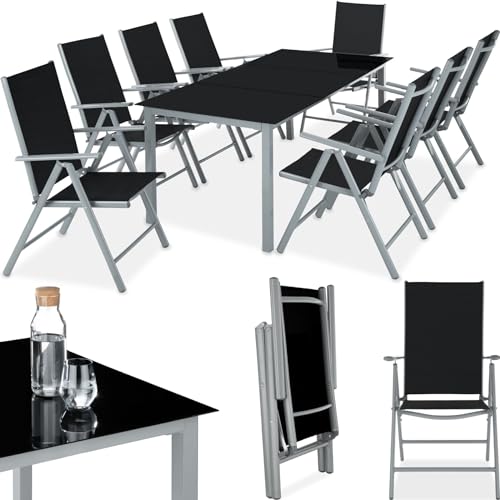 tectake® Aluminium Sitzgruppe 8+1, Gartenmöbel Set mit Stuhl und Tisch, klappbare Gartenstühle, Gartentisch mit Sicherheitsglas, wetterfeste Terrassenmöbel, für Garten Terrasse Balkon - Silber von tectake