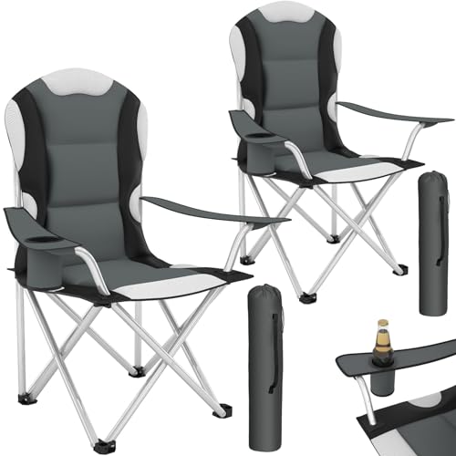 tectake® Campingstuhl mit Getränkehalter, Angelstuhl faltbar, Gartenstuhl mit Armlehnen, gepolsterter Klappstuhl, Campingstuhl faltbar, für Camping Strand Garten Terrasse - grau, 2er Set von tectake