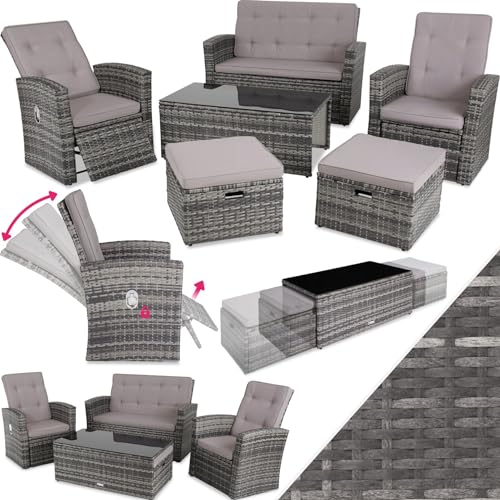 tectake® Balkon Lounge Sitzgruppe für 6 Personen, 2 gemütliche Sessel, 2 Hocker, 1 Couch, 1 Tisch mit Glasplatte, Poly Rattan Geflecht, Gartenmöbel Set, Balkonmöbel, Loungemöbel wetterfest - grau von tectake