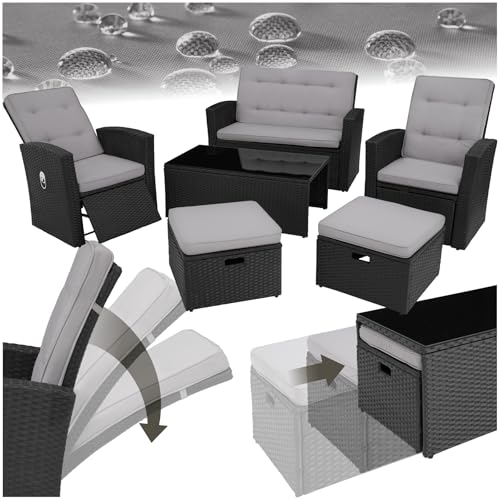 tectake® Balkon Lounge Sitzgruppe für 6 Personen, 2 gemütliche Sessel, 2 Hocker, 1 Couch, 1 Tisch mit Glasplatte, Poly Rattan Geflecht, Gartenmöbel Set, Balkonmöbel, Loungemöbel wetterfest - schwarz von tectake