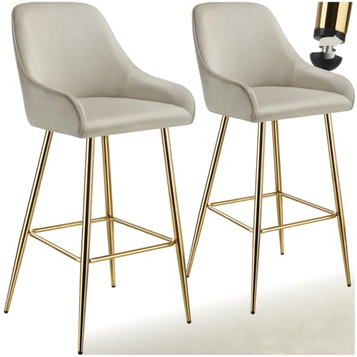 tectake® Barhocker mit Lehne, Barhocker Samt Stuhl, Sitzhocker mit Fußstütze, Bar Stool, Schalenstuhl Hocker mit Lehne, Tresenhocker, Tresenstuhl, Barstuhl mit Lehne - Samt Creme/Gold, 2er Set von tectake