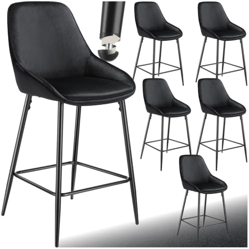 tectake® Barhocker mit Lehne, Barhocker Samt Stuhl, Sitzhocker mit Fußstütze, Bar Stool, Schalenstuhl Hocker mit Lehne, Tresenhocker, Tresenstuhl, Barstuhl mit Lehne - Samt schwarz/schwarz, 6er Set von tectake