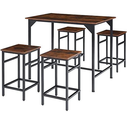 tectake® Bartisch-Set, Stehtisch mit 4 Barhockern, 5-teiliges Tischset, 100 x 60 x 88,5 cm, Industrie-Design, Tischplatte aus Holz, schwarzes Metallgestell (Industrial Dunkelbraun) von tectake