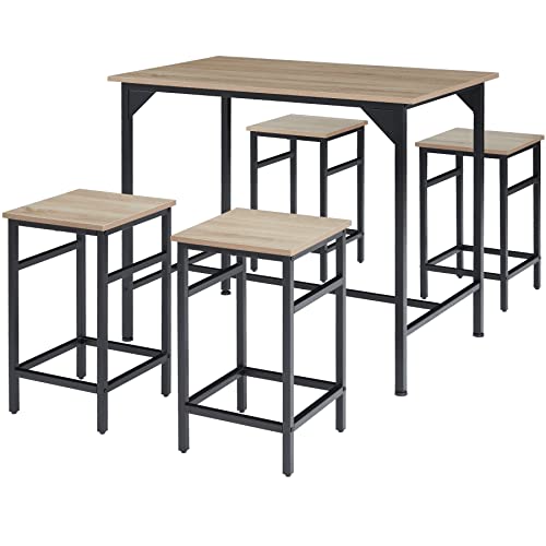 tectake® Bartisch-Set, Stehtisch mit 4 Barhockern, 5-teiliges Tischset, 100 x 60 x 88,5 cm, Industrie-Design, Tischplatte aus Holz, schwarzes Metallgestell (Industrial Holz hell, Eiche Sonoma) von tectake