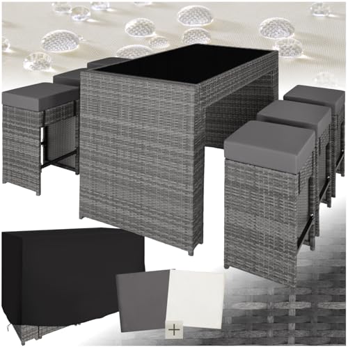 tectake® Bartisch mit Barhocker Set, Polyrattan Gartenbar Set mit Bartisch und 6 Barhocker mit weichen Sitzpolstern, Gartenmöbel Set inkl. Schutzhülle, ideal für Garten, Balkon, Terrasse - grau von tectake