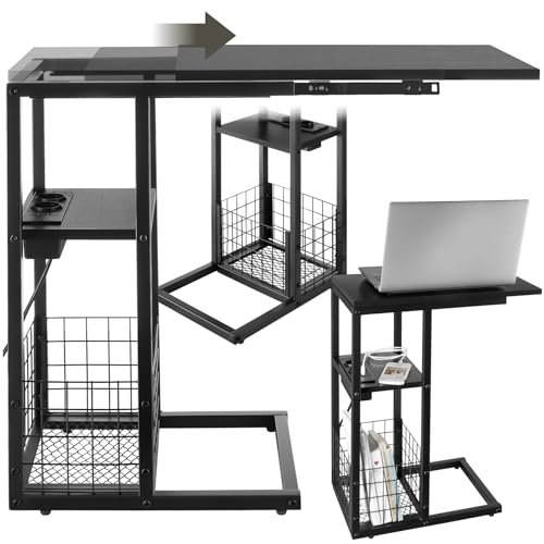 tectake® Beistelltisch, Nachttisch mit Ladefunktion, Laptoptisch, Betttisch, Betttablett oder Sofatablett, als Nachttisch, Sofa Tisch, Couch oder Bett Tisch, mit Zeitungsständer - schwarz von tectake